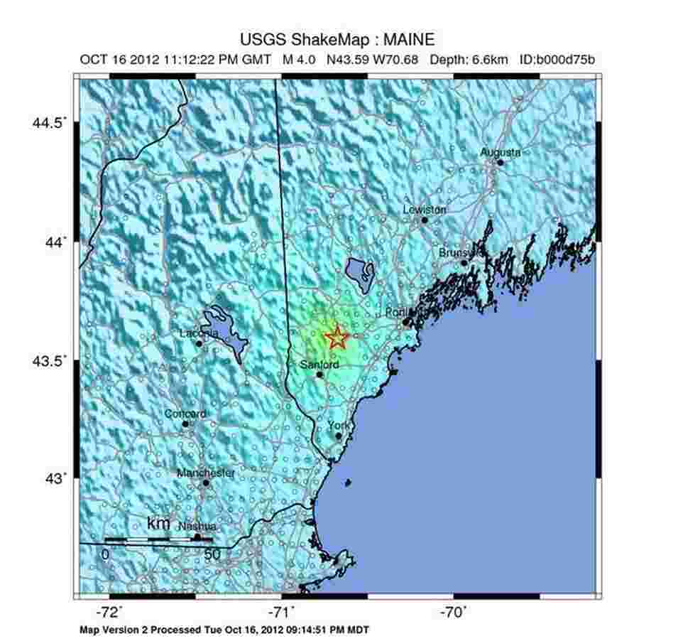 A map from the USGS. The yellow represents the areas that felt the earthquake the most.