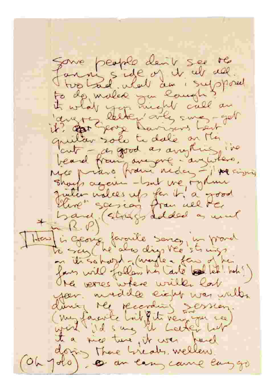 Unused notes for the Imagine album, 1971
