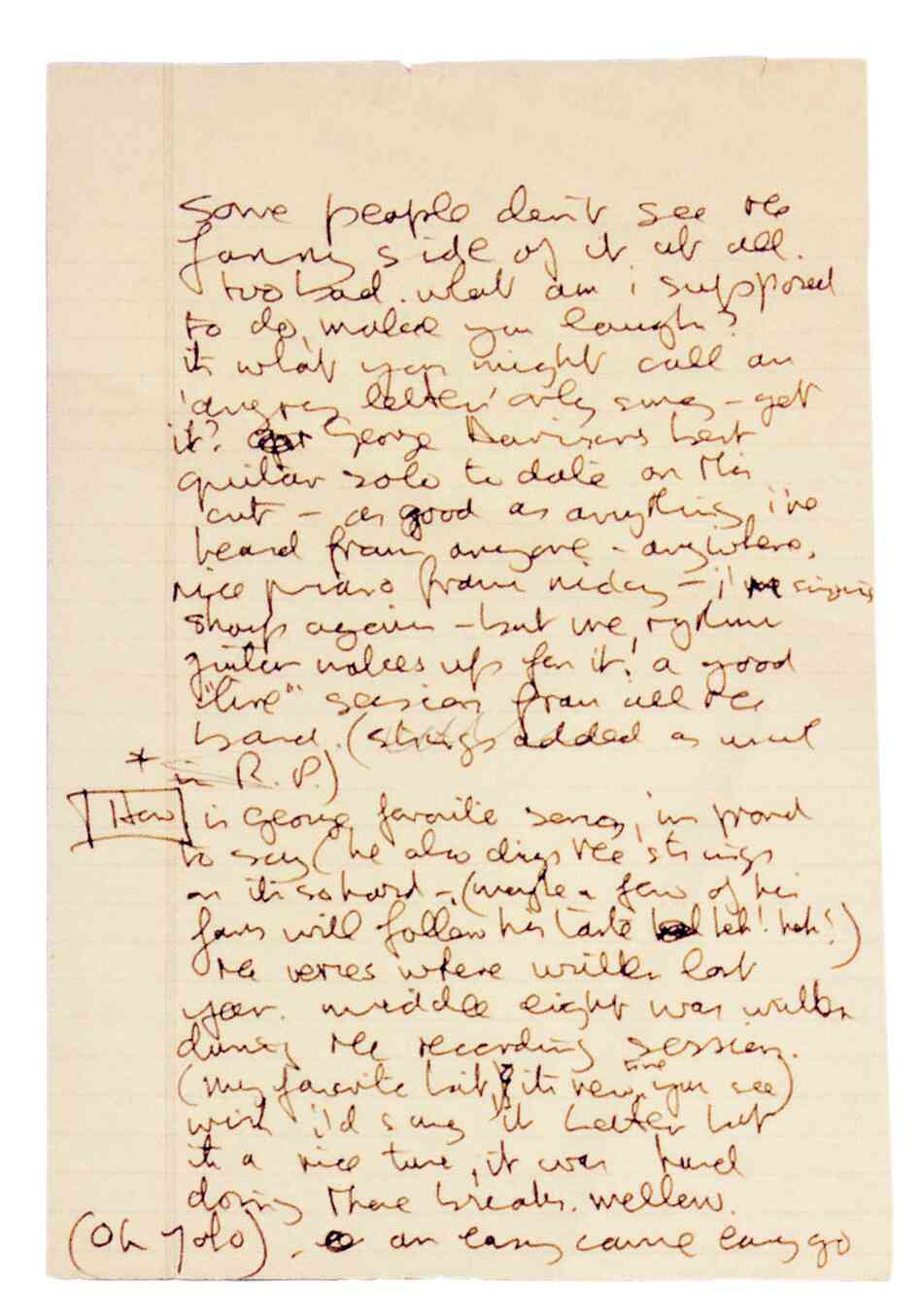 Unused notes for the Imagine album, 1971 Unused notes for the Imagine album, 1971