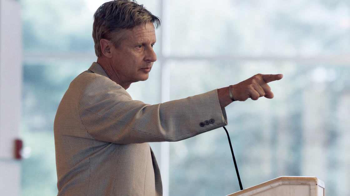 Libertarian Party presidential nominee Gary Johnson addresses students at Macalester College in St. Paul, Minn., in September.