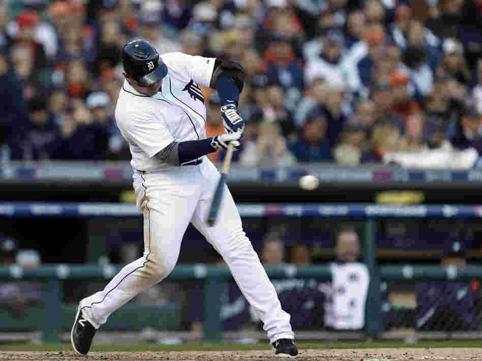 Detroit Tigers' Miguel Cabrera hits a two-run home run in the fourth inning during Game 4 of the American League Championship Series against the New York Yankees Thursday.