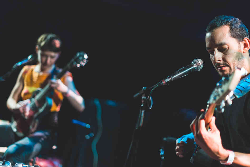 Arone Dyer (left) and Aron Sanchez of Buke and Gase, playing at a show presented by NPR Music and WNYC's Soundcheck during the 2012 CMJ Music Marathon.
