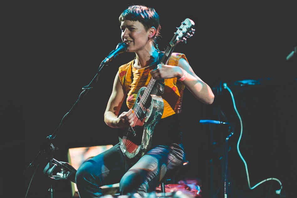 Arone Dyer of Buke and Gase plays a homemade baritone ukulele at (Le) Poisson Rouge in New York.