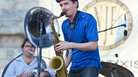 Saxophonist John Ellis (center) performs with Matt Perrine (left) on sousaphone at the 2012 Newport Jazz Festival. Saxophonist John Ellis (center) performs with Matt Perrine (left) on sousaphone at the 2012 Newport Jazz Festival.