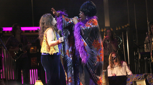 Mary Bridget Davies as Janis Joplin and Sabrina Elayne Carten as Blues Singer in the Cleveland Play House production of One Night with Janis Joplin.