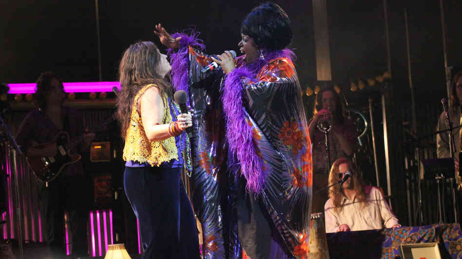Mary Bridget Davies as Janis Joplin and Sabrina Elayne Carten as Blues Singer in the Cleveland Play House production of One Night with Janis Joplin.