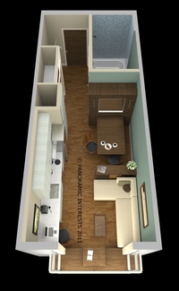Spaces must serve double duty in micro-units — like the dining table above that converts into a Murphy bed.