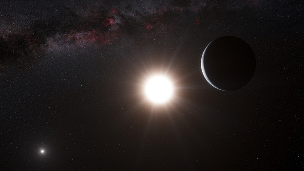 An artist's impression shows a planet, right, orbiting the star Alpha Centauri B, center, a member of the triple star system that is the closest to Earth.