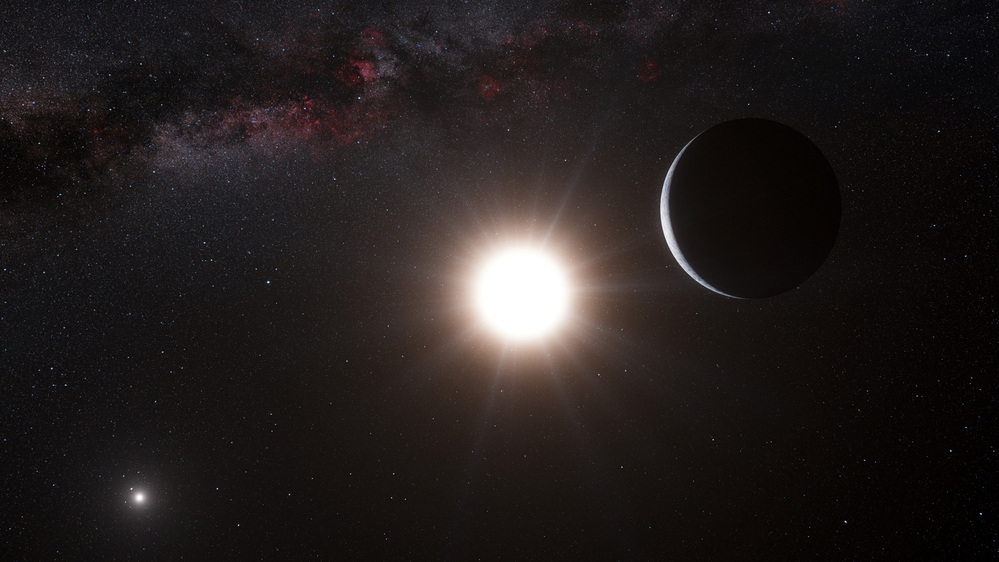 An artist's impression shows a planet, right, orbiting the star Alpha Centauri B, center, a member of the triple star system that is the closest to Earth.
