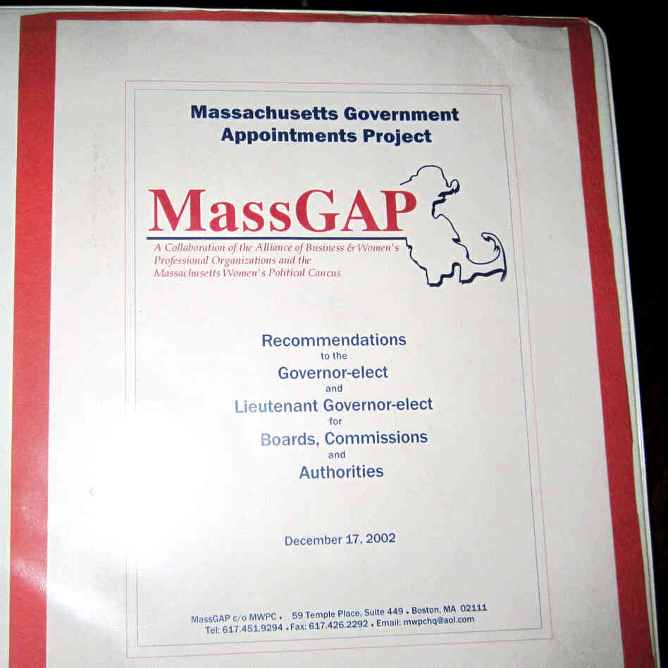 The cover of a binder produced in 2002 by the Massachusetts Government Appointments Project, listing names of potential female candidates for high-level positions in the state. The photo was released Wednesday by the Massachusetts Women's Political Caucus.