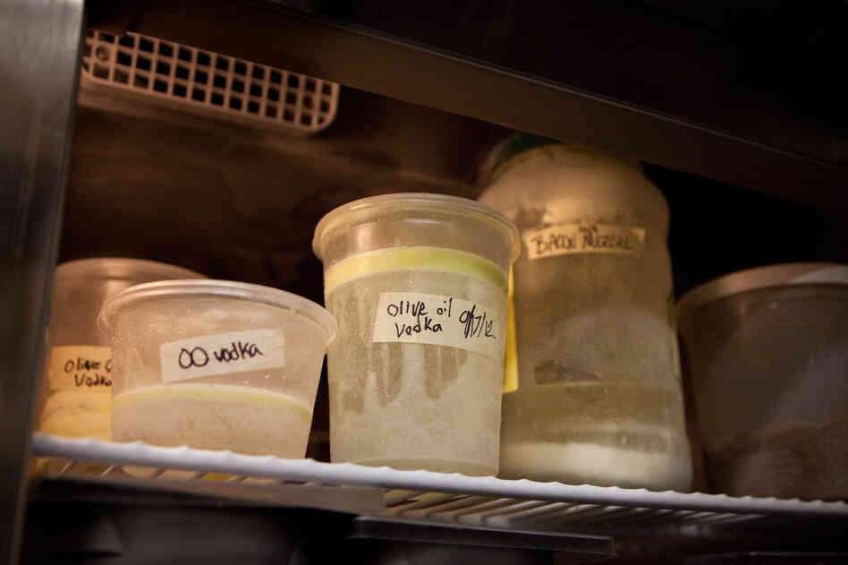 Once the alcohol-fat mixture is blended, Berner lets it cool to room temperature. Then he pours it into a freezer-safe container and freezes it overnight to allow the fat to rise to the surface. 