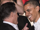 Republican presidential nominee Mitt Romney (left) and President Obama at the 67th Al Smith Dinner in New York City Thursday night.