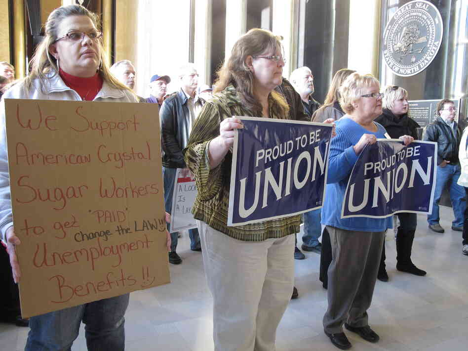 Supporters of American Crystal Sugar Co. workers, who have been locked out of the company's sugar beet processing plants since 2011, rally in the North Dakota Capitol.