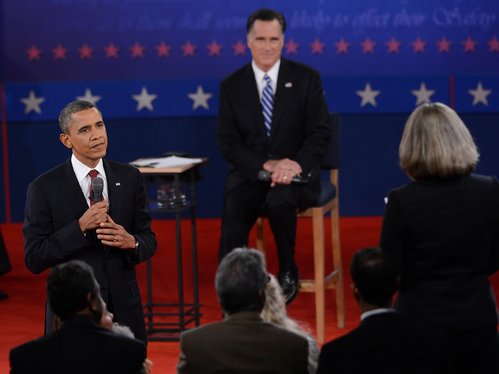 President Obama and Mitt Romney answer questions from undecided voters at the second presidential debate, at Hofstra University on Long Island, N.Y., last Tuesday.