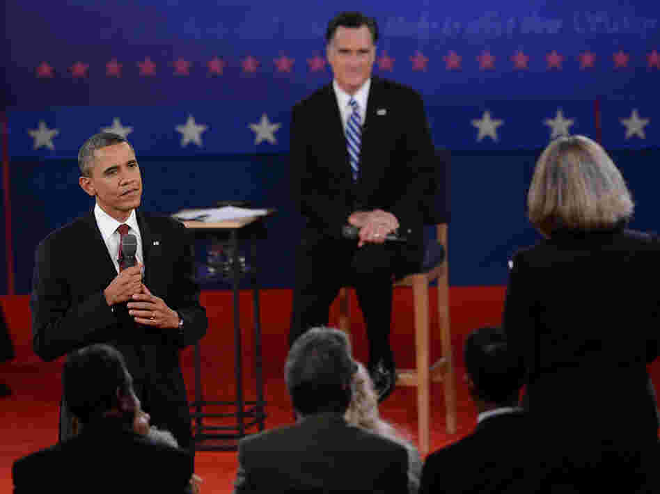 President Obama and Mitt Romney answer questions from undecided voters at the second presidential debate, at Hofstra University on Long Island, N.Y., last Tuesday.