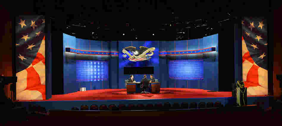 Stand-ins for President Obama, Republican presidential candidate Mitt Romney and moderator Bob Scheiffer rehearse a day ahead of the final presidential debate at Lynn University in Boca Raton, Fla, on Sunday. Stand-ins for President Obama, Republican presidential candidate Mitt Romney and moderator Bob Scheiffer rehearse a day ahead of the final presidential debate at Lynn University in Boca Raton, Fla, on Sunday.