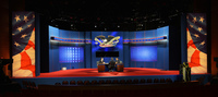 Stand-ins for President Obama, Republican presidential candidate Mitt Romney and moderator Bob Scheiffer rehearse a day ahead of the final presidential debate at Lynn University in Boca Raton, Fla, on Sunday.