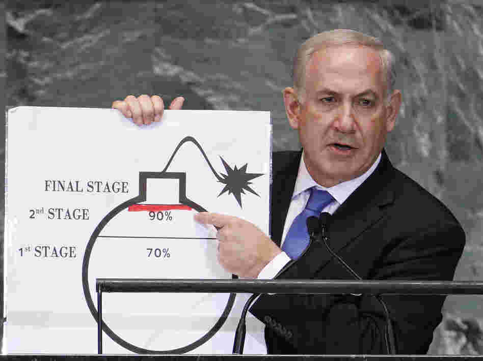 At the U.N. Sept. 27, Israeli Prime Minister Benjamin Netanyahu used a graphic to show how far he says Iran will be by mid-2013 in a quest to develop nuclear weapons.