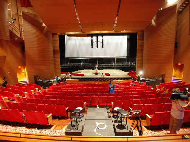Members of the media tour the Keith C. and Elaine Johnson Wold Performing Arts Center on Thursday in advance of Monday's presidential debate.