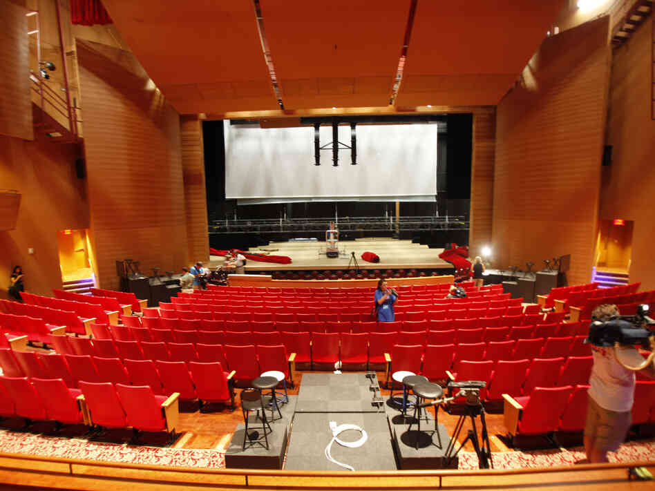 Members of the media tour the Keith C. and Elaine Johnson Wold Performing Arts Center on Thursday in advance of Monday's presidential debate.