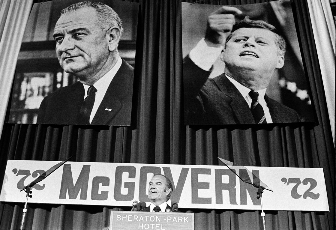 Sen. George McGovern introduces Sargent Shriver as his new vice presidential running mate to the Democratic National Committee in Washington in 1972.