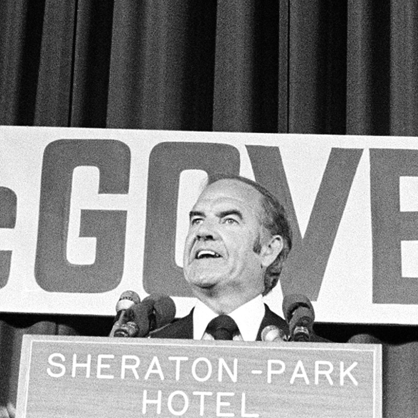 Sen. George McGovern introduces Sargent Shriver as his new vice presidential running mate to the Democratic National Committee in Washington in 1972.