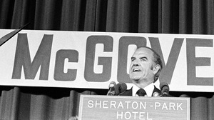 Sen. George McGovern introduces Sargent Shriver as his new vice presidential running mate to the Democratic National Committee in Washington in 1972.