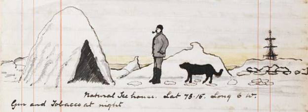 On Thursday, July 29, 1880, Doyle wrote, "Came across a most extraordinary natural snow house, about 12 feet high, shaped like a beehive with a door and a fine room inside in which I sat. Traveled a considerable distance, and would have gone to the Pole, but my matches ran short and I couldn't get a smoke." On Thursday, July 29, 1880, Doyle wrote, "Came across a most extraordinary natural snow house, about 12 feet high, shaped like a beehive with a door and a fine room inside in which I sat. Traveled a considerable distance, and would have gone to the Pole, but my matches ran short and I couldn't get a smoke."