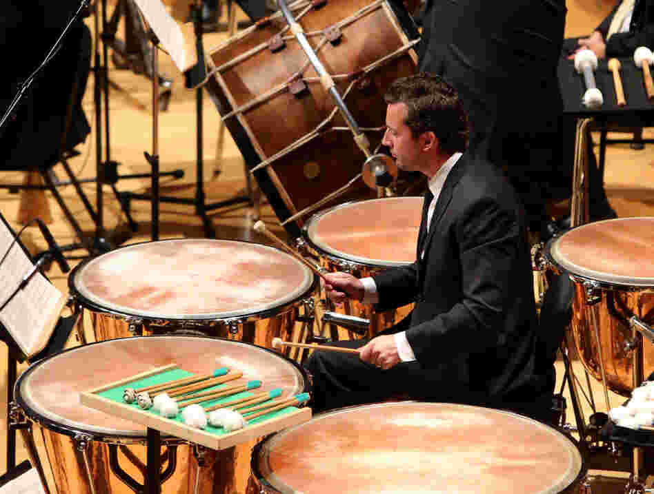 Percussionist Joseph Pereira with his array of mallets for the Rite of Spring. 