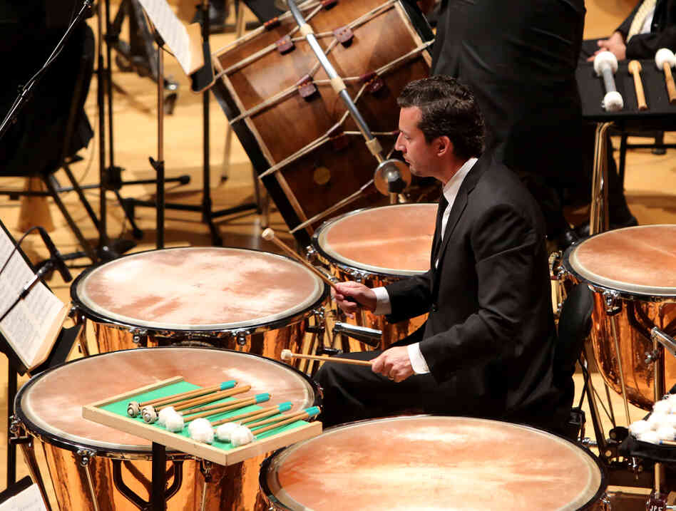 Percussionist Joseph Pereira with his array of mallets for the Rite of Spring. 