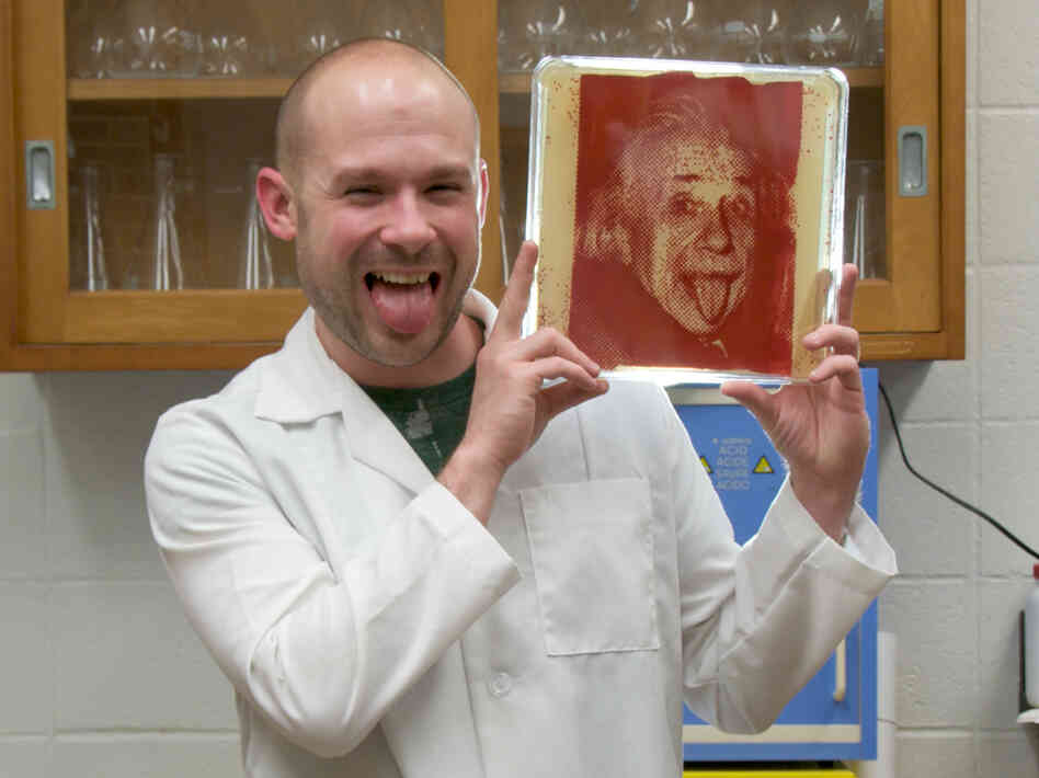 Zachary Copfer poses with his first "bacteriograph," a portrait of Albert Einstein.