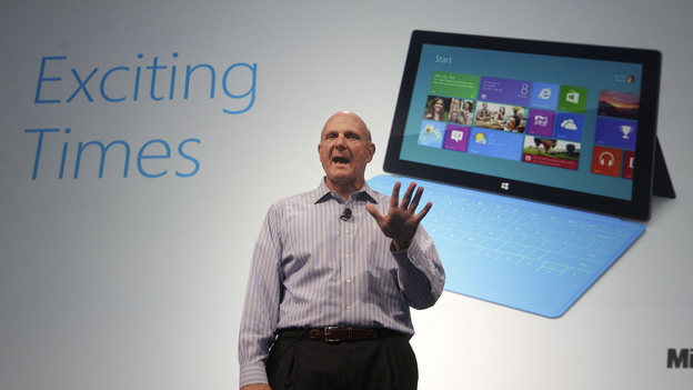 Microsoft CEO Steve Ballmer speaks at a Microsoft event in San Francisco in July. This week, Microsoft launches Windows 8, a radical redesign of its operating system, as well as a new set of tablet computers.