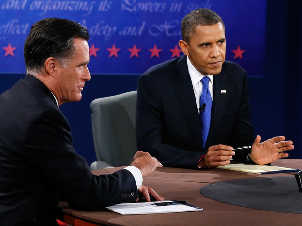 President Obama and former Massachusetts Gov. Mitt Romney at tonight's debate in Boca Raton, Fla.