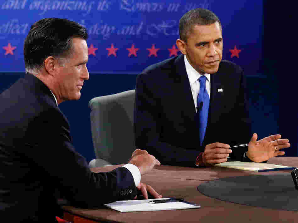 President Obama and former Massachusetts Gov. Mitt Romney at tonight's debate in Boca Raton, Fla.