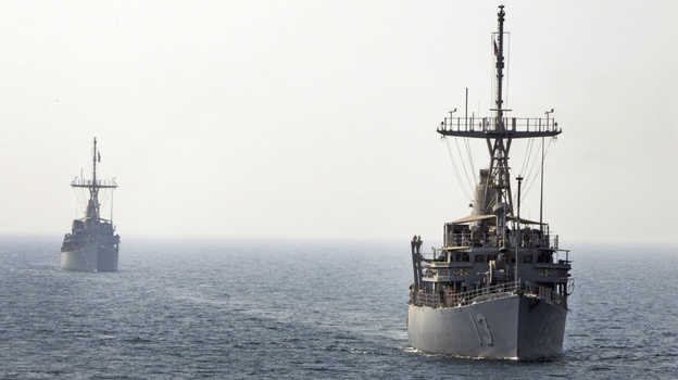 USS Navy mine countermeasure ships line up on Aug. 29 to conduct a replenishment-at-sea during Middle East Gulf naval exercises in this photo provided by the U.S. Navy, 5th Fleet. USS Navy mine countermeasure ships line up on Aug. 29 to conduct a replenishment-at-sea during Middle East Gulf naval exercises in this photo provided by the U.S. Navy, 5th Fleet.
