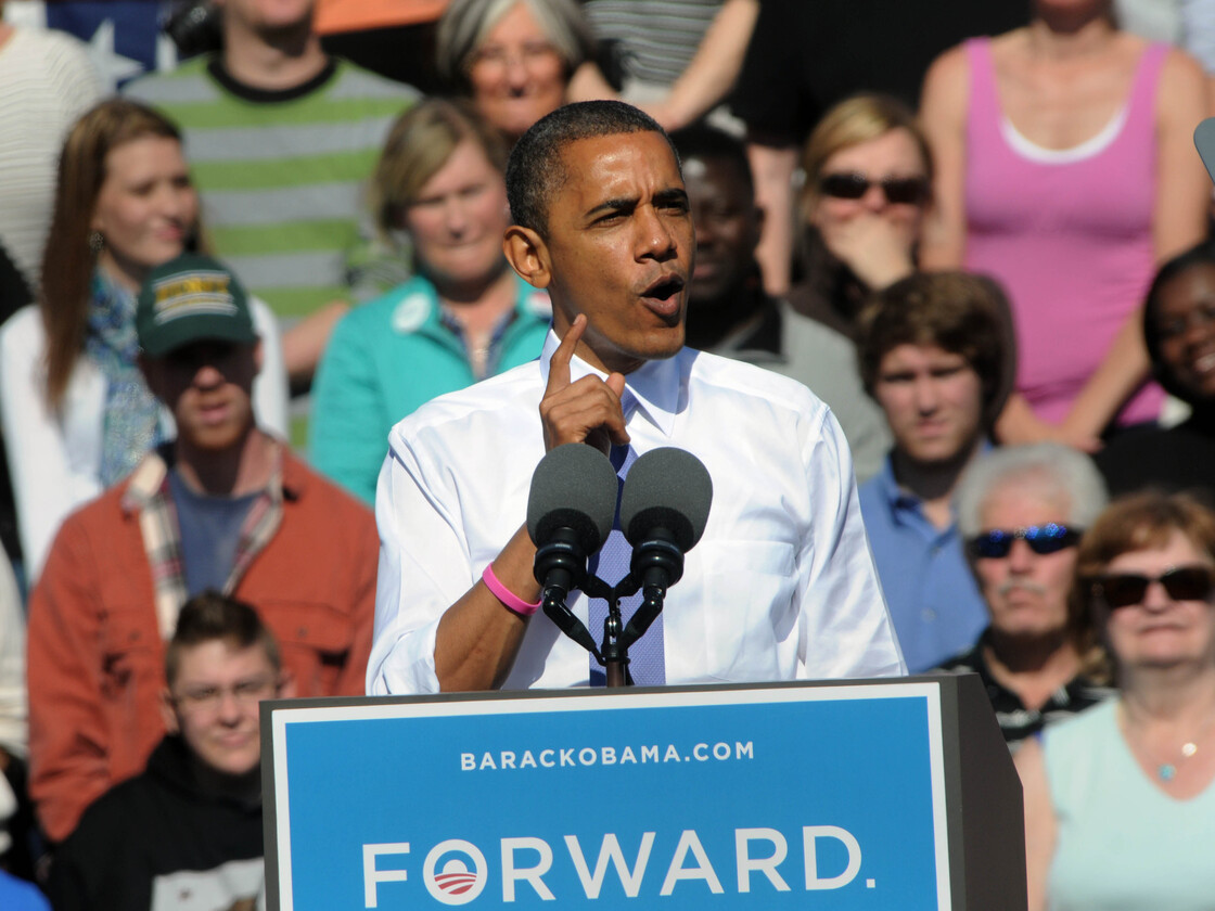 During a campaign speech at Veterans Memorial Park in Manchester, N.H., Oct. 18, President Obama once again embraced the term "Obamacare" while discussing the Affordable Care Act.
