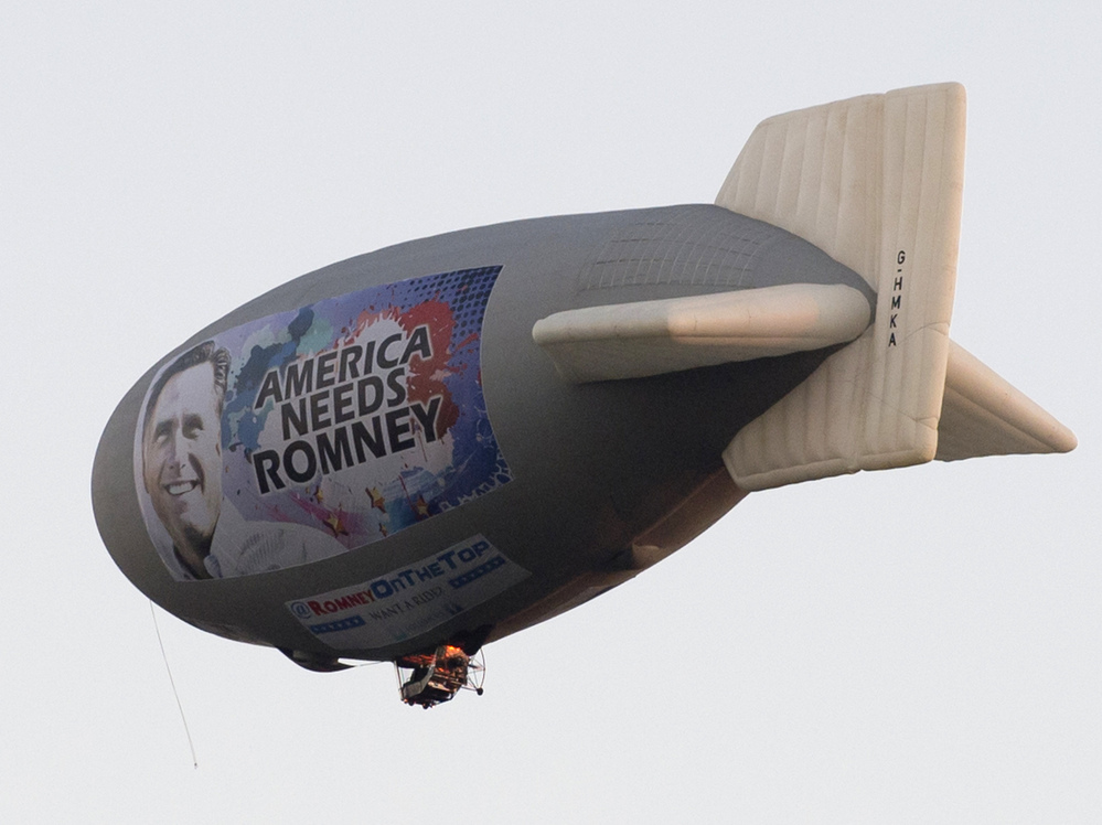 A blimp with a message in support of Republican presidential nominee Mitt Romney flies over Plantation, Fla., on Sunday.