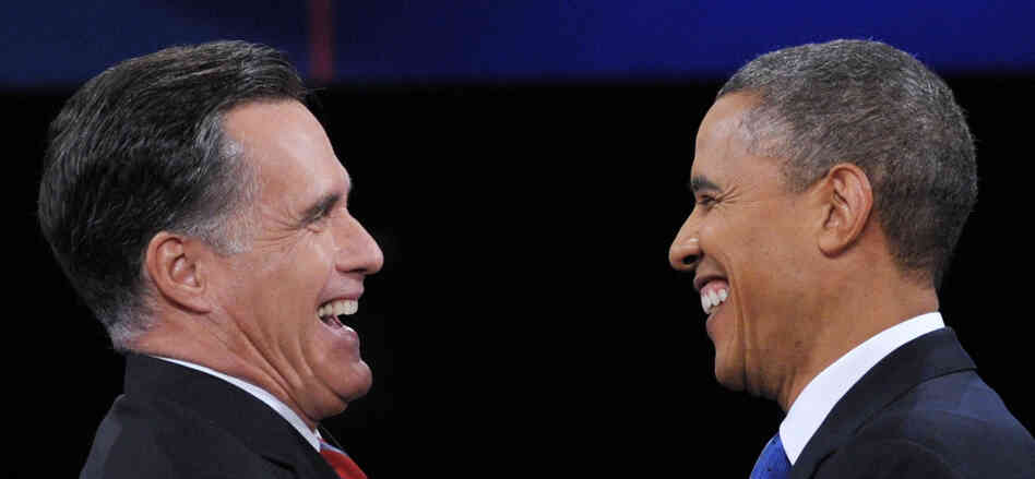 President Obama and Republican presidential candidate Mitt Romney shake hands following the third and final presidential debate at Lynn University in Boca Raton, Fla. Tuesday. President Obama and Republican presidential candidate Mitt Romney shake hands following the third and final presidential debate at Lynn University in Boca Raton, Fla. Tuesday.