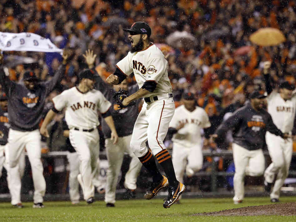 San Francisco Giants relief pitcher Sergio Romo reacts after the final out in Game 7 of baseball's National League Championship Series against the St. Louis Cardinals on Monday in San Francisco.