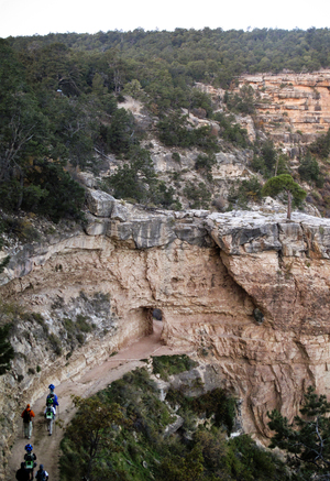 The Google Trekker team hikes down the Bright Angle trail heading toward the base of the Grand Canyon. The Google Trekker team hikes down the Bright Angle trail heading toward the base of the Grand Canyon.