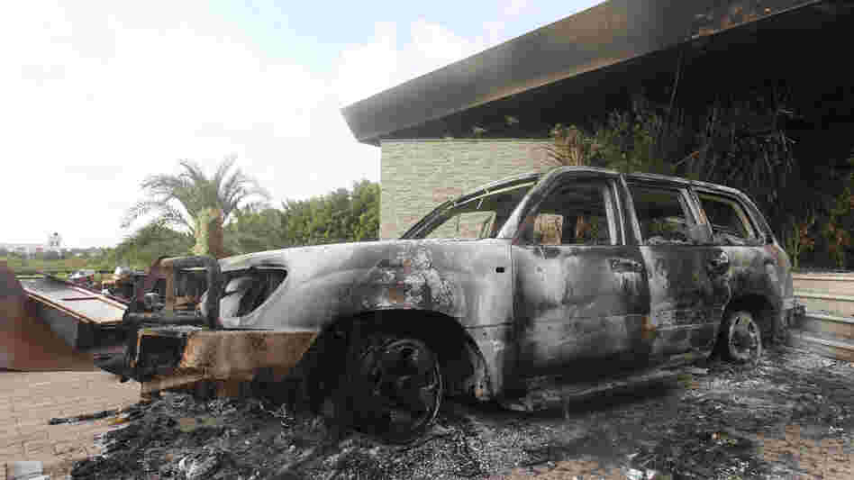A burned vehicle outside the U.S. consulate in Benghazi, Libya, after the Sept. 11 attack.