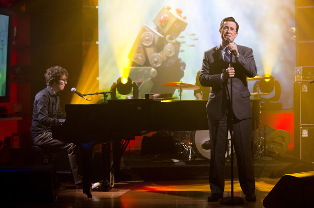 Stephen Colbert (right) performs with Ben Folds on the set of his TV show, The Colbert Report.