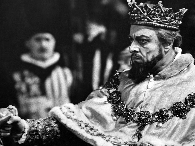 Bass Boris Christoff plays Philip II of Spain in Verdi's Don Carlo. Although the real Philip was a successful politician, he bankrupted his government four times.