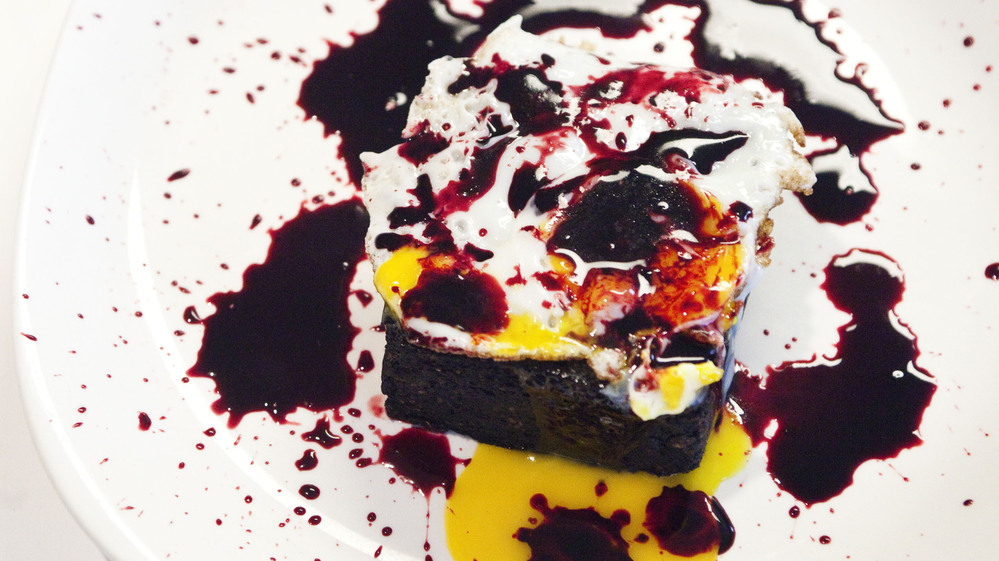Blood Cake With Fried Egg, splattered with pig's blood for a spooky effect (NOT a serving suggestion)