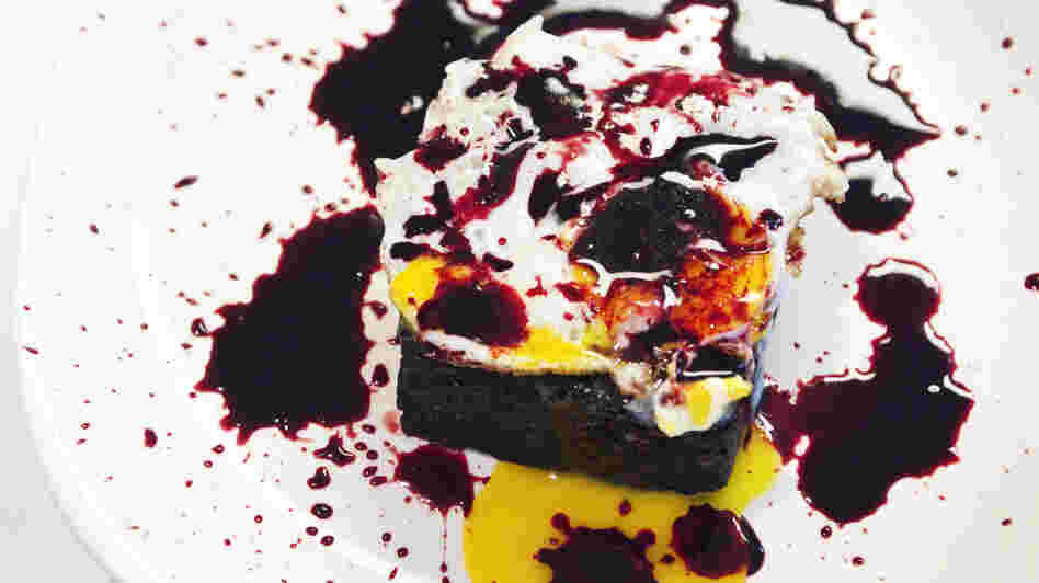Blood Cake With Fried Egg, splattered with pig's blood for a spooky effect (NOT a serving suggestion)