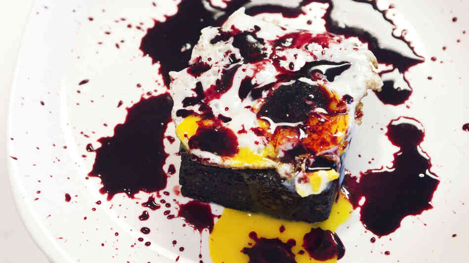 Blood Cake With Fried Egg, splattered with pig's blood for a spooky effect (NOT a serving suggestion)