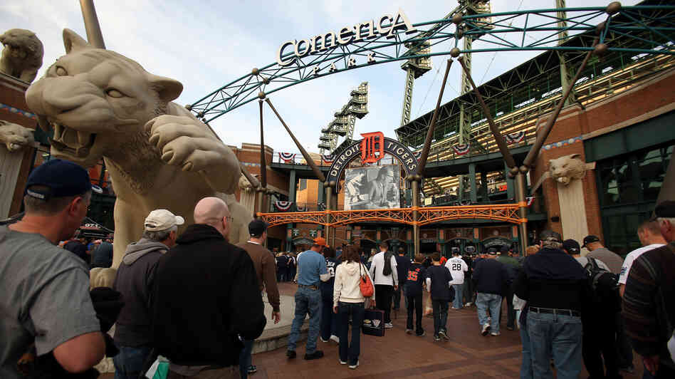 Fans make their way into the ballpark prior to the Detroit Tigers hosting the New York Yankees in Game 4 of the American League Championship Series at Comerica Park in Detroit.