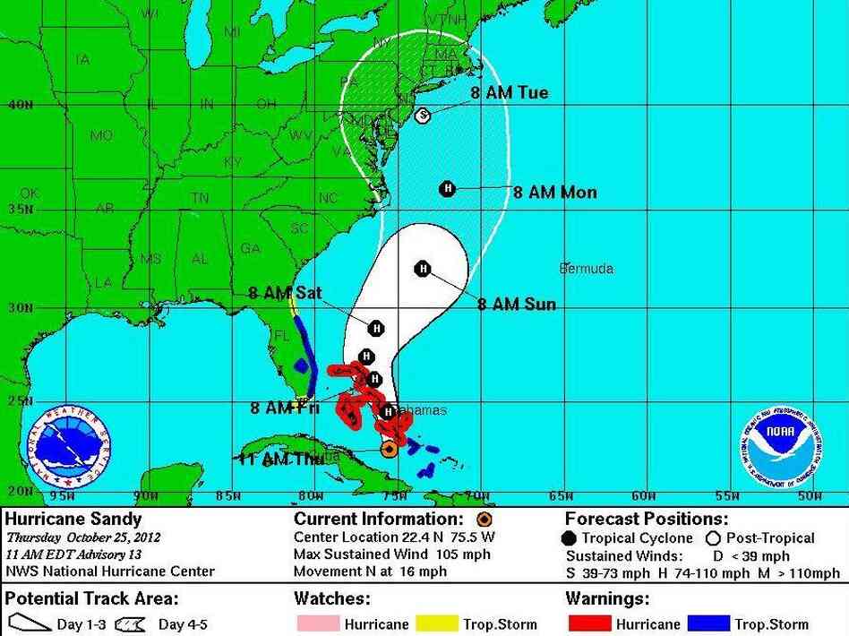 Hurricane Sandy's projected track as of 11 a.m. ET today (Thursday, Oct. 25).