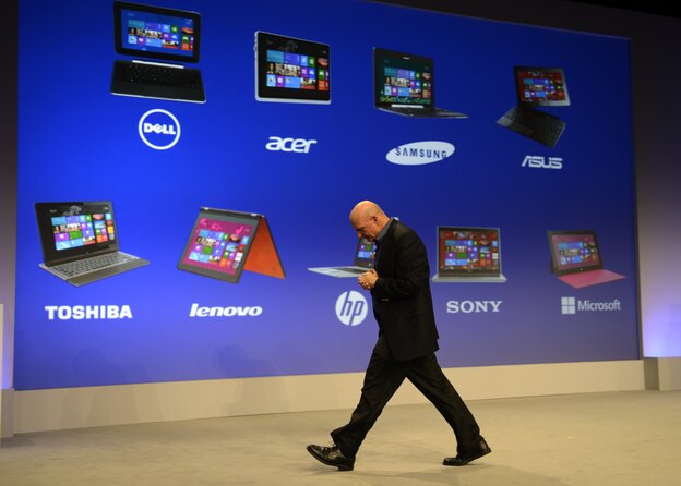 Microsoft CEO Steve Ballmer during a press conference at Pier 57 to officially launch Windows 8 in New York.