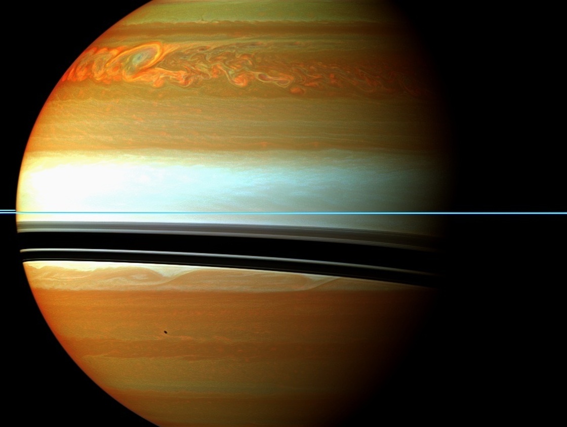 These red, orange and green clouds (false color) in Saturn's northern hemisphere indicate the tail end of the massive 2010-2011 storm. Even after visible signs of the storm started to fade, infrared measurements continued to reveal powerful effects at work in Saturn's stratosphere.
